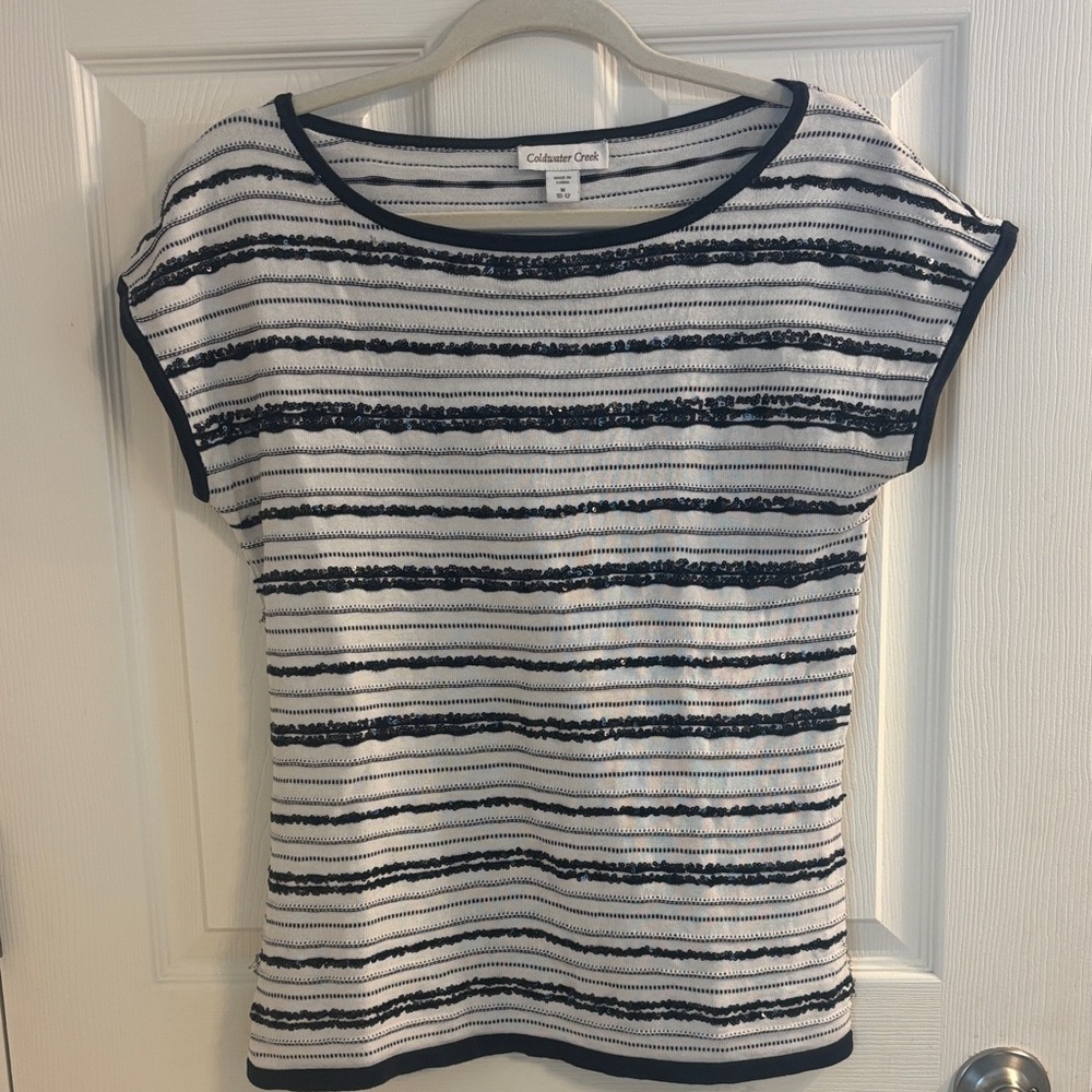 Coldwater Creek Navy and White Striped Women's Tee